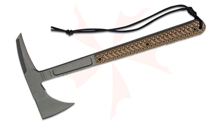 RMJ Tactical Kestrel Feather Tomahawk 13 inch Overall, Tungsten Cerakote, Hyena Brown G10 Handle, Kydex Sheath with MOC Straps