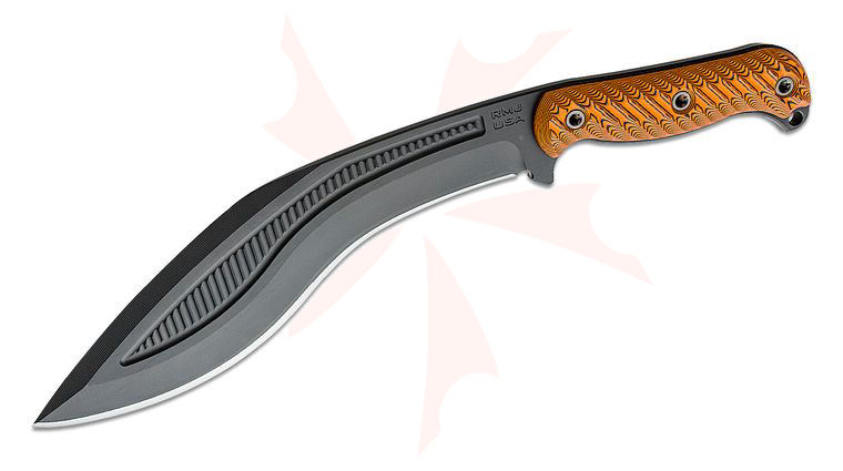 RMJ Tactical Kukri Fixed Blade Knife 10.5 inch 80CRV2 Graphite Black Blade, Black/Orange G10 Handles, Kydex Sheath with Low Ride Straps - KnifeCenter Exclusive 