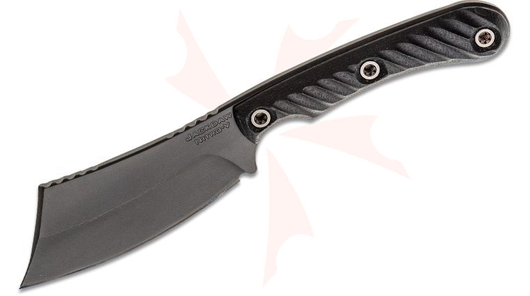 RMJ Tactical Jackdaw Fixed Blade Knife 3.25 inch Nitro-V Black Graphite Cleaver, Black G10 Handles, Kydex Sheath 