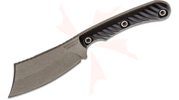 RMJ Tactical Jackdaw Fixed Blade Knife 3.25 inch Nitro-V Tungsten Cerakoted Cleaver, Black G10 Handles, Kydex Sheath