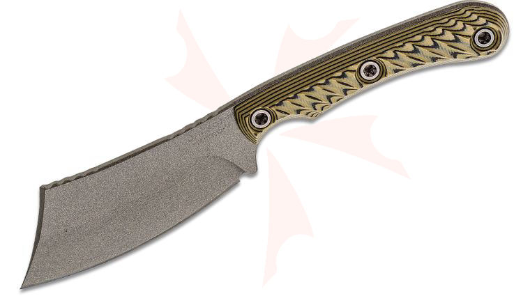 RMJ Tactical Jackdaw Fixed Blade Knife 3.25 inch Nitro-V Tungsten Cerakoted Cleaver, Dirty Olive G10 Handles, Kydex Sheath