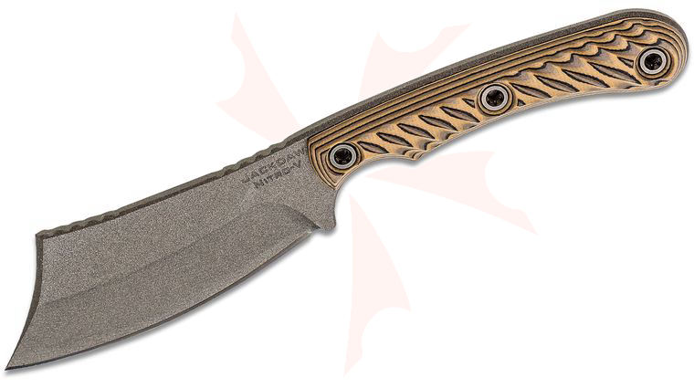 RMJ Tactical Jackdaw Fixed Blade Knife 3.25 inch Nitro-V Tungsten Cerakoted Cleaver, Hyena Brown G10 Handles, Kydex Sheath