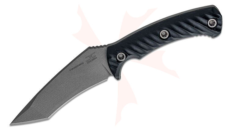 RMJ Tactical Peregrine Fixed Blade Knife 4.25 inch Nitro-V Tungsten Recurve Tanto, Black G10 Handles, Kydex Sheath
