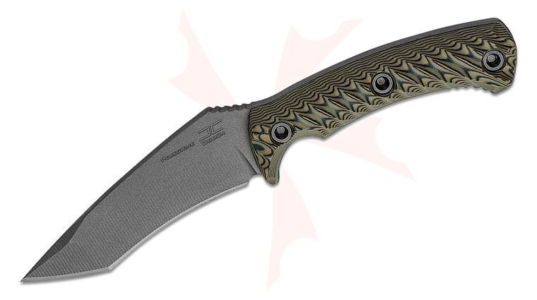 RMJ Tactical Peregrine Fixed Blade Knife 4.25 inch Nitro-V Tungsten Recurve Tanto, Dirty Olive G10 Handles, Kydex Sheath
