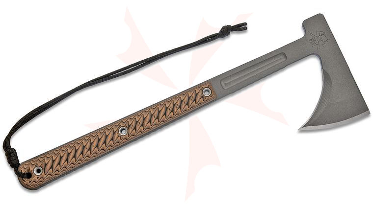 RMJ Tactical Kestrel Trail Light Tomahawk 13.25 inch Overall, Hammer Head, Hyena Brown G10 Handle, Kydex Sheath with Low Ride Straps