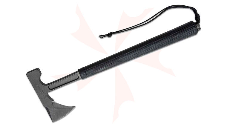 RMJ Tactical Loggerhead Tomahawk 15.5 inch Overall, Tungsten Cerakote, Black Rubber Handle, Kydex Sheath with Low Ride Straps