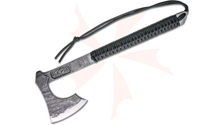 RMJ Tactical Custom Raven Tomahawk 14.5 inch Overall, Black Cord Wrapped Handle, Leather Sheath