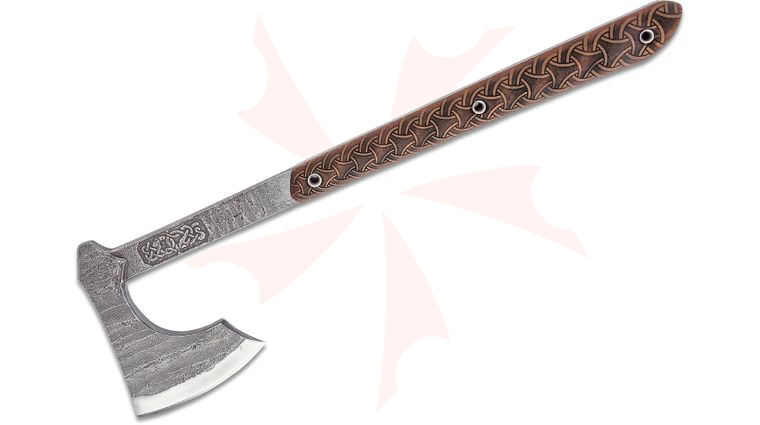 RMJ Tactical Custom Raven Tomahawk 14.5 inch Overall, Engraved Brown Micarta Handles, Black Leather Sheath