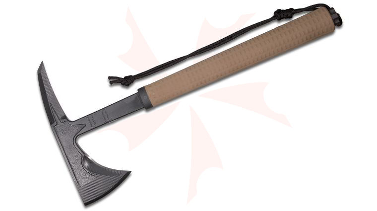 RMJ Tactical S13 Shrike Tomahawk 13.5 inch Overall, Coyote Brown Rubber Handle, Kydex Sheath with Low Ride Straps