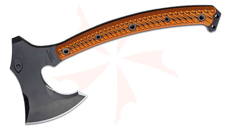 RMJ Tactical Berserker Tomahawk 15 inch Overall, Graphite Black Cerakote, Black/Orange G10 Handle, Kydex Sheath with MOC Straps - KnifeCenter Exclusive