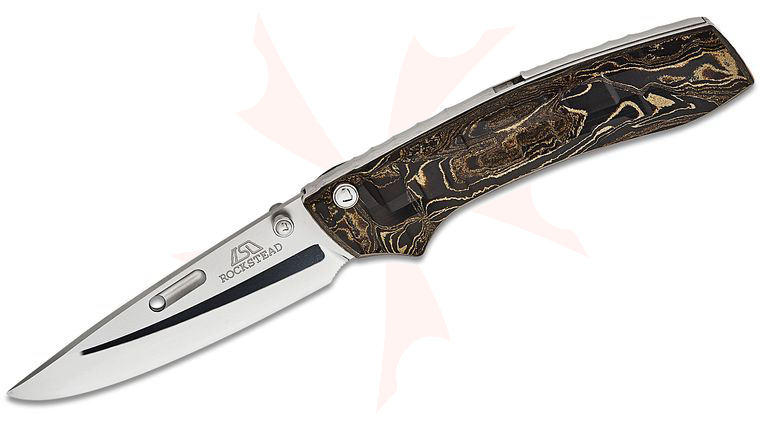 Rockstead RIN-ZDP (BG) Japanese Button Lock Folding Knife 3.35 inch ZDP-189 Mirror Finish Blade, Beige Ebonite Handles with Titanium Liners