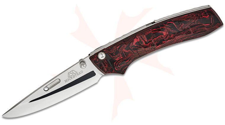 Rockstead RIN-ZDP (RD) Japanese Button Lock Folding Knife 3.35 inch ZDP-189 Mirror Finish Blade, Red Ebonite Handles with Titanium Liners