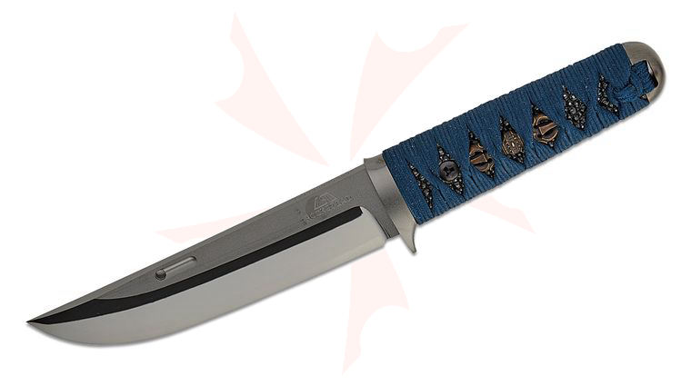 Rockstead UN-DLC Japanese Fixed Knife 5.5 inch YXR7 Black DLC Mirror Polished Blade, Blue Tetsukon Silk Wrapped Handle
