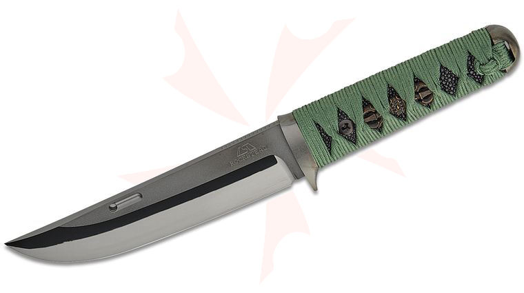 Rockstead UN-DLC Japanese Fixed Knife 5.5 inch YXR7 Black DLC Mirror Polished Blade, Green Uguisu Silk Wrapped Handle