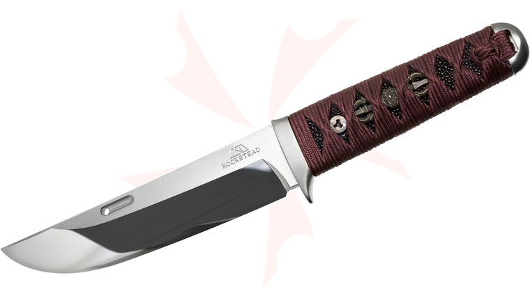 Rockstead UN-ZDP Japanese Fixed Knife 5.5 inch ZDP-189/VG10 Clad Mirror Finish Blade, Burgundy Azuki Silk Wrapped Handle