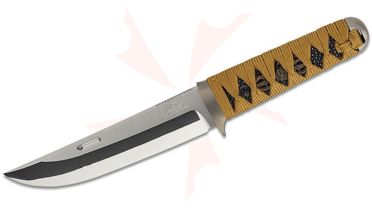 Rockstead UN-ZDP Japanese Fixed Knife 5.5 inch ZDP-189/VG10 Clad Mirror Finish Blade, Gold Kincya Silk Wrapped Handle