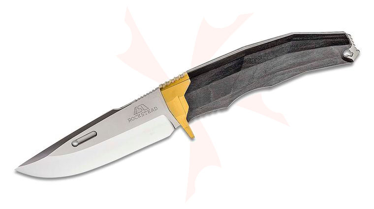 Rockstead RITSU-ZDP Japanese Fixed Blade Knife 3.875 inch ZDP-189 Mirror Finish Blade, Wood Micarta Handles with Gold Titanium Guard, Black Leather Sheath