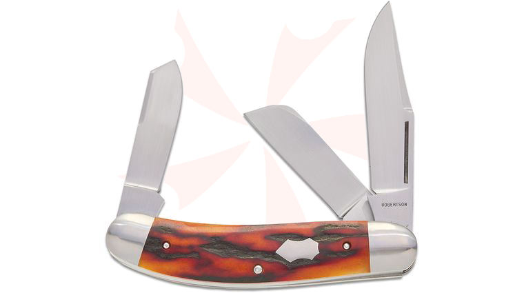 Robertson Knife Works Custom Sowbelly Stockman Slipjoint Folding Knife, 3.75 inch Closed, CPM-154 Satin Blades, Amber Dyed Sambar Stag Handles with Stainless Steel Bolsters