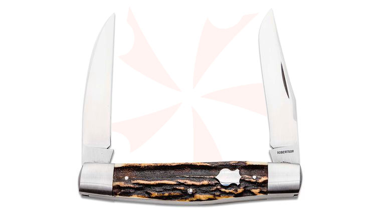 Robertson Knife Works Custom Improved Muskrat Slipjoint Folding Knife 3 inch CPM-154 Hand Rubbed Recurve Clip and Wharncliffe Blades, Bolstered 416 Stainless Steel Handles with Stag Scales