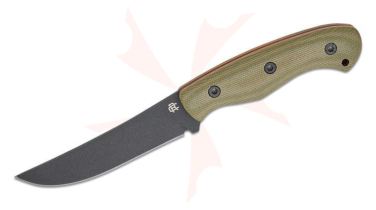 RoseCraft Blades F2 Fixed Blade Knife 4.4 inch 1095 Black Upswept Blade, Green Linen Micarta Handles