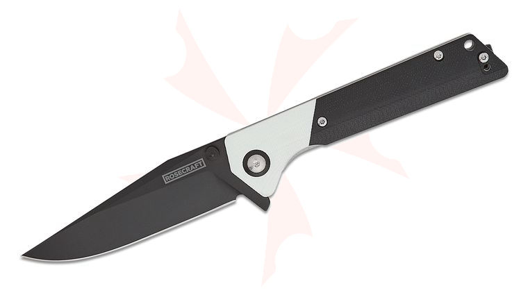 RoseCraft Blades Waya Liner Lock Flipper Knife 3.4 inch RPM9 Black PVD Clip Point Blade, White/Black G10 Handles