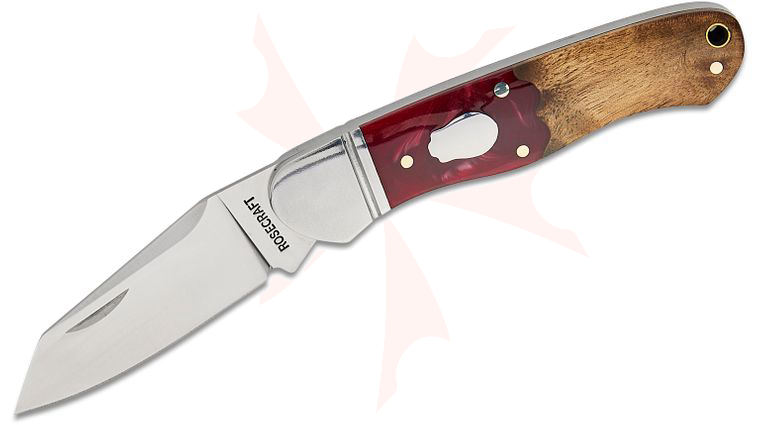 RoseCraft Blades Ocoee River Kayak Slipjoint Folding Knife 2.33 inch D2 Satin Reverse Tanto Blade, Red Resin and Burl Wood Handles with Stainless Bolster