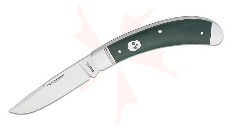 RoseCraft Blades Obed Creek Bow Trapper Slipjoint Folding Knife 3.1 inch D2 Satin Drop Point Blade, Polished Green Micarta Handles with Stainless Bolsters