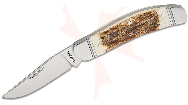 RoseCraft Blades Stinking Creek Sowbelly Slipjoint Folding Knife 2.7 inch D2 Satin Clip Point Blade, Stag Handles with Stainless Bolsters