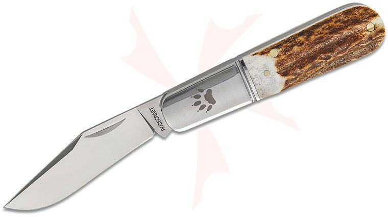 RoseCraft Blades Otter Creek Barlow Slipjoint Folding Knife 2.85 inch D2 Satin Clip Point Blade, Red Deer Stag Handles with Stainless Bolsters