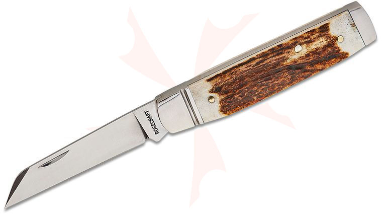 RoseCraft Blades Sweetwater Creek Senator Slipjoint Folding Knife 2.7 inch D2 Satin Lambsfoot Blade, Stag Handles with Stainless Bolsters