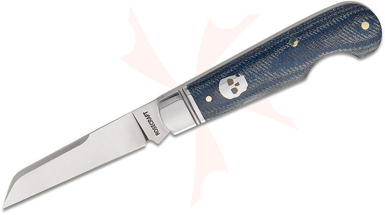 RoseCraft Blades Elk River Easy Open Jack Slipjoint Folding Knife 2.75 inch D2 Satin Sheepsfoot Blade, Blue Denim Micarta Handles with Armstrong Skull Shield