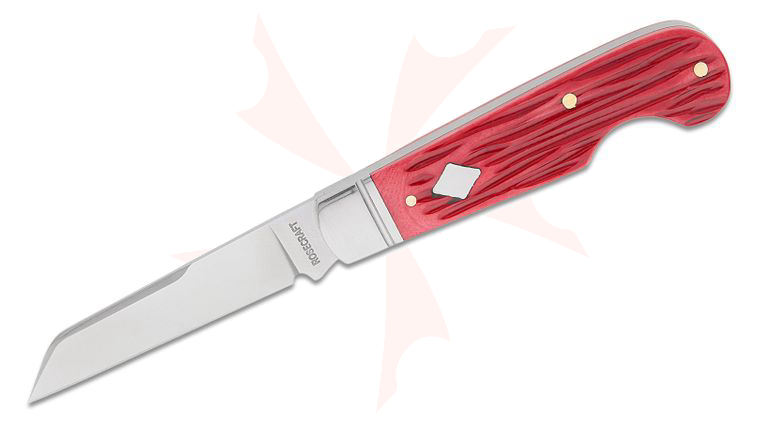 RoseCraft Blades Elk River Easy Open Jack Slipjoint Folding Knife 2.75 inch 14C28N Satin Sheepsfoot Blade, Red Jigged Bone Handles with Diamond Shield