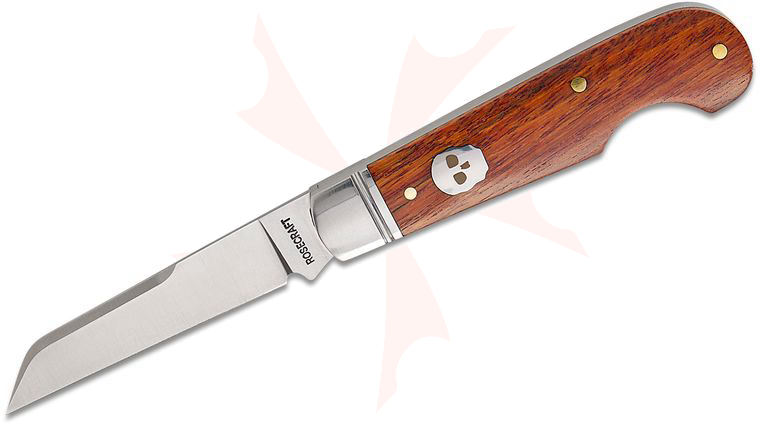 RoseCraft Blades Elk River Easy Open Jack Slipjoint Folding Knife 2.75 inch D2 Satin Sheepsfoot Blade, Rosewood Handles with Armstrong Skull Shield