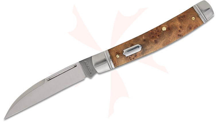 RoseCraft Blades Mud Creek Congress Swayback Slipjoint Folding Knife 2.9 inch D2 Satin Wharncliffe Blade, Burl Wood Handles with Stainless Bolster