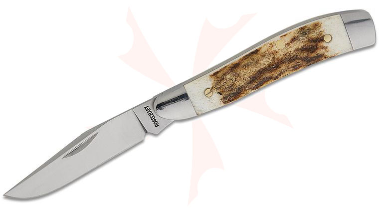 RoseCraft Blades Piney River Peanut Slipjoint Folding Knife 2.9 inch Closed D2 Satin Clip Point Blade, Genuine Stag Handles with Brushed Steel Bolsters