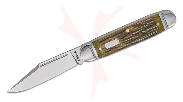 RoseCraft Blades Birchfield Camp Jack Slipjoint Folding Knife 2.9 inch 14C28N Satin Clip Point Blade, Green Jigged Bone Handles with Stainless Bolsters