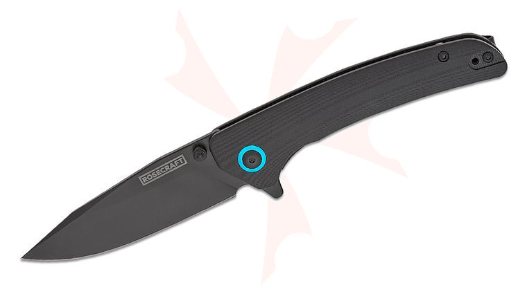 RoseCraft Blades Tarakona Liner Lock Flipper Knife 3.2 inch RPM9 Black PVD Clip Point Blade, Black G10 Handles, Blue Accents