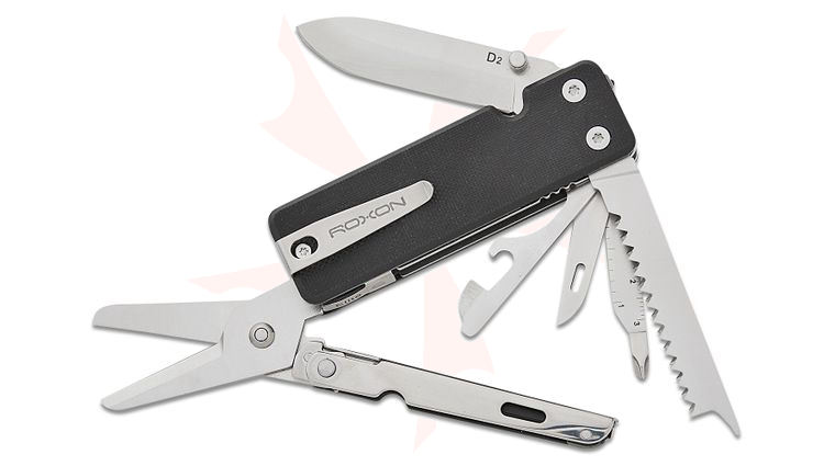 Roxon Tool KS2 Elite One-Handed Multi-Tool, 3.42 inch Closed, 14 Tools, Black G10 Handles, Pocket Clip, Nylon Sheath, Bit Set