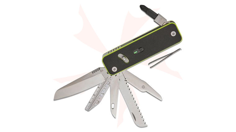 Roxon Tool FLEX Companion Modular One-Handed Multi-Tool, 3.5 inch Closed, 13 Tools, Black G10 Handles with Neon Green Accents, Pocket Clip
