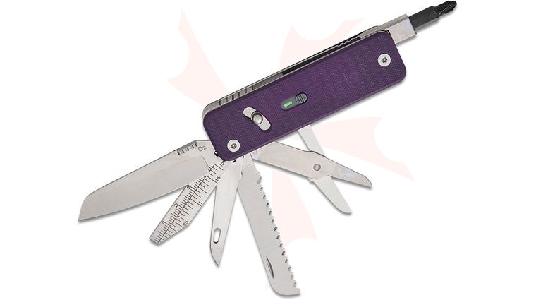 Roxon Tool FLEX Companion Modular One-Handed Multi-Tool, 3.5 inch Closed, 13 Tools, Purple G10 Handles, Pocket Clip
