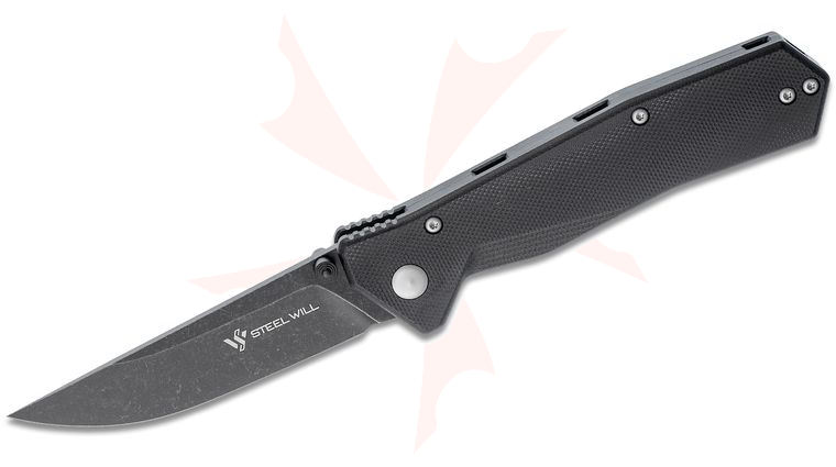 Steel Will Daitengu F11-09 Flipper Knife 3.125 inch D2 Black Stonewashed Drop Point Blade, Smooth Black G10 Handles