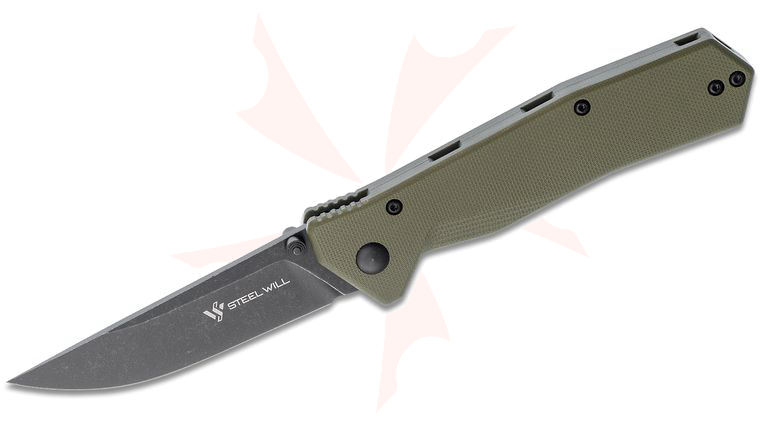 Steel Will Daitengu F11-33 Flipper Knife 3.125 inch D2 Black Stonewashed Drop Point Blade, Smooth OD Green G10 Handles