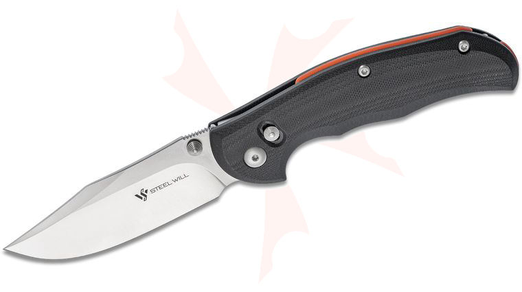 Steel Will Tasso F12-01 Folding Knife 3.5 inch M390 Satin Clip Point Blade, Black G10 Handles with Orange Backspacer