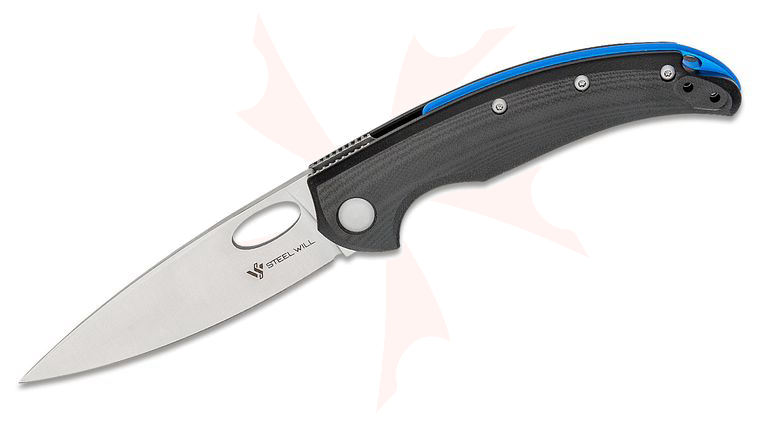 Steel Will F19M-10 Sedge Folding Knife 3.4 inch D2 Satin Spear Point Blade, Milled Black G10 Handles, Blue Aluminum Backspacer