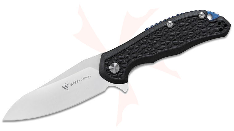 Steel Will Modus F25-11 Flipper Knife 3.27 inch D2 Plain Blade, Black FRN Handles, Blue Backspacer