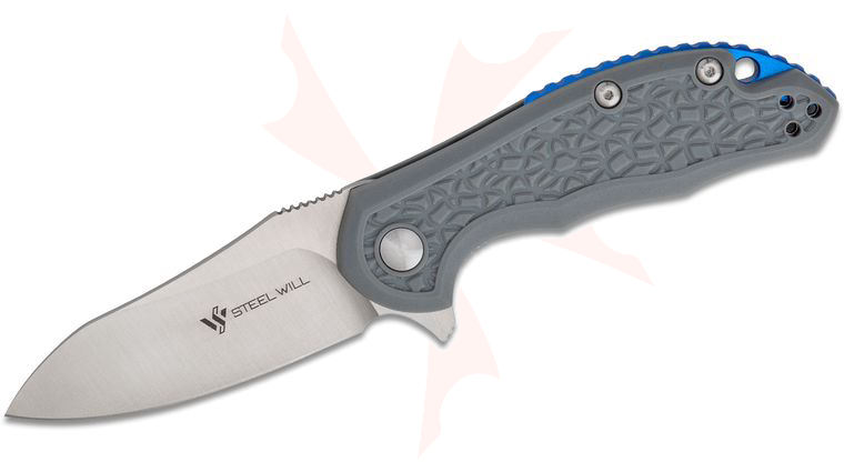 Steel Will Mini  Modus F25M-14 Flipper Knife 2.75 inch D2 Satin Sheepsfoot Blade, Gray FRN Handles, Blue Backspacer