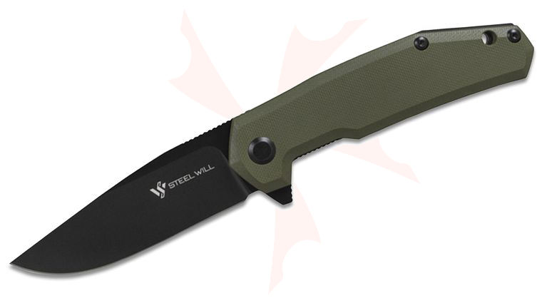Steel Will Tenet F30-33 Flipper 3.39 inch Black D2 Clip Point Blade, OD Green G10 Handles