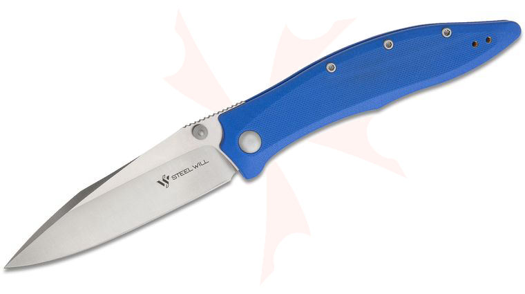 Steel Will Gienah F53-13 Folding Knife 3.9 inch Satin D2 Drop Point Blade, Contoured Blue G10 Handles, Orange Aluminum Standoffs