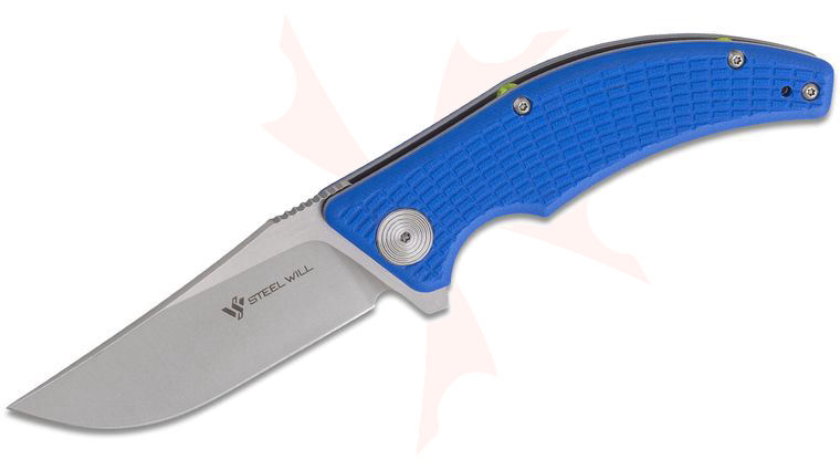 Steel Will Sargas F60-11 Flipper Knife 3.23 inch D2 Satin Clip Point, Blue G10 Handles w/ Green Standoffs