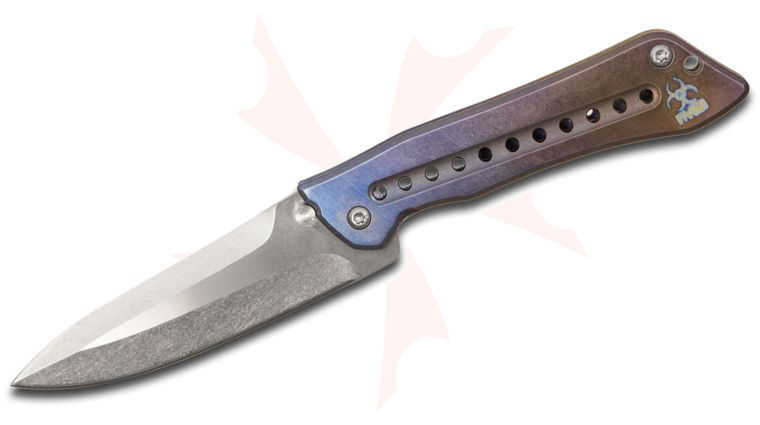 Steve Ryan Custom Knives Folding Knife 4.75 inch Stonewashed CPM-154 Spear Point Blade, Rainbow Anodized Titanium Handles